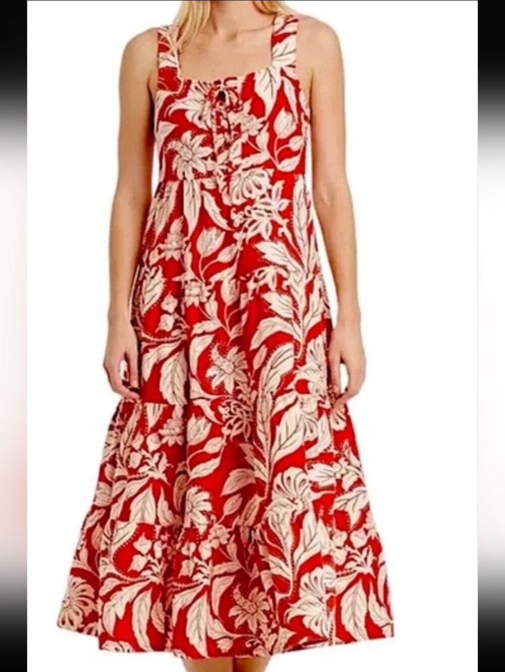 NWT Who What Wear Batix Aurora Floral Red Sleevless Tiered Midi Dress M